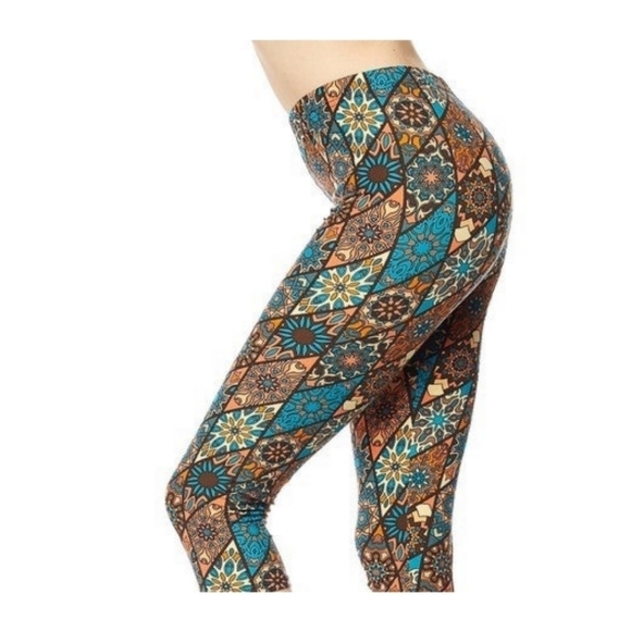 TCLC TAN Brown & Teal Abstract Print Full length Leggings Size 2-10 NWT - Picture 1 of 3